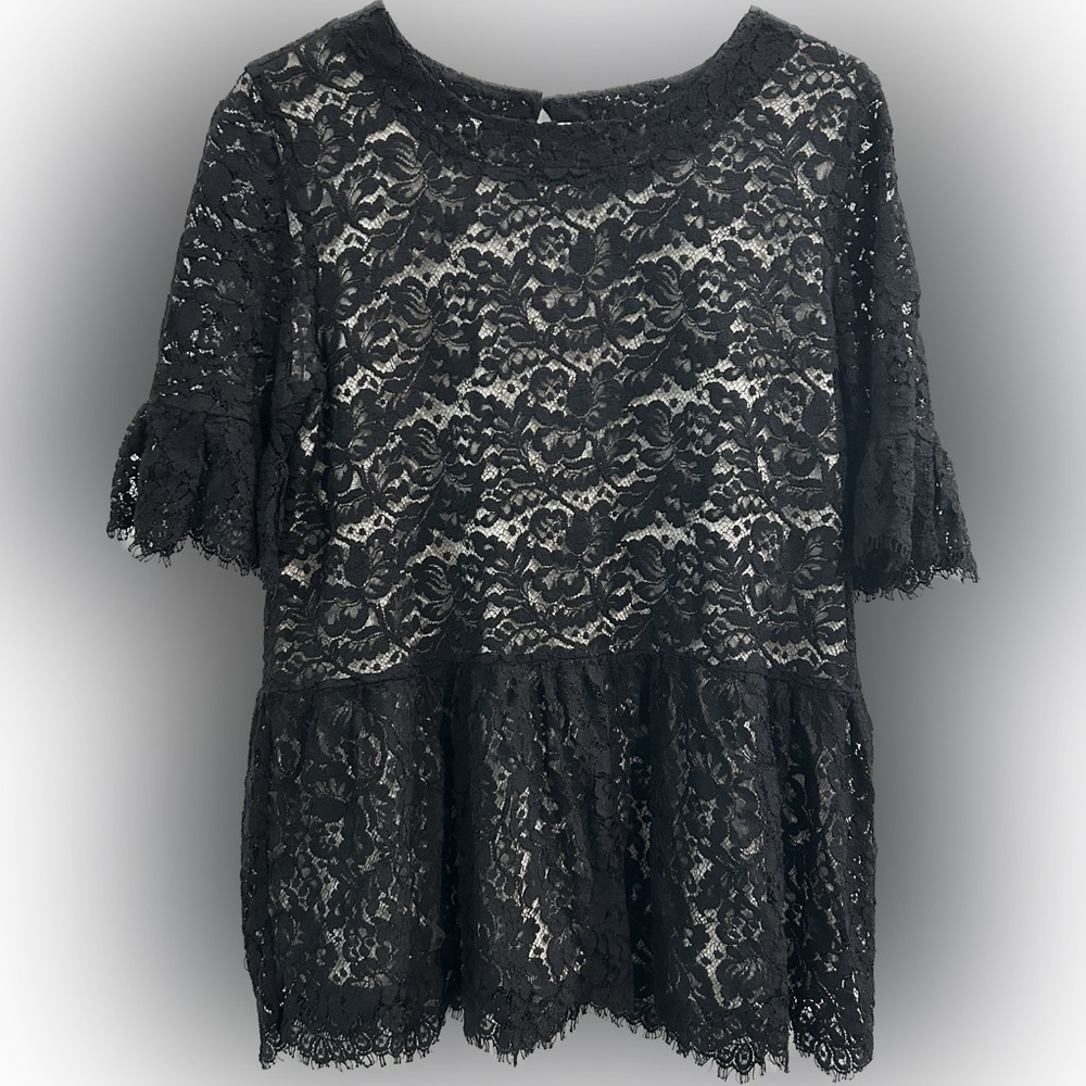 LaRoque Black Lace Overlay Blouse Dark Fairy Whimsigoth Lettuce Ruffle‎ Hem Sz L